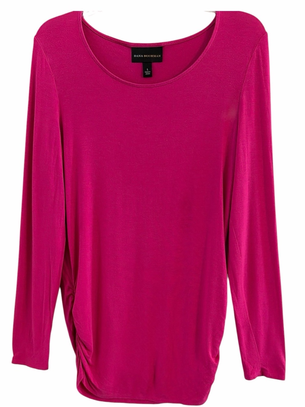 Dana Buchman Fuchsia Pink Ruched Long Sleeve Rayon Stretch Scoop Neck Top L